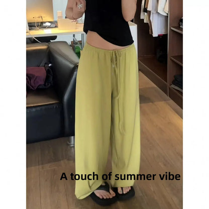 Ice Silk Quick Dry Wide Leg Pants Women Summer Thin Loose Casual Drape Straight Tube Leisure Walking Pants High Waist Elastic