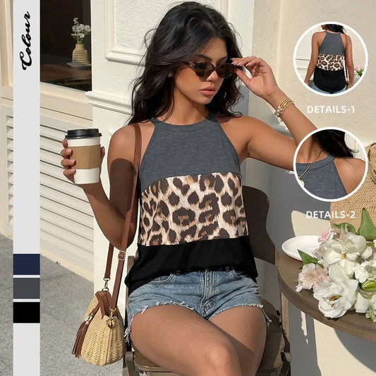 Women's Leopard Print Tank Top Patchwork Halter Neck Sleeveless Summer Top Color Block Casual Vacation Outfit 2026