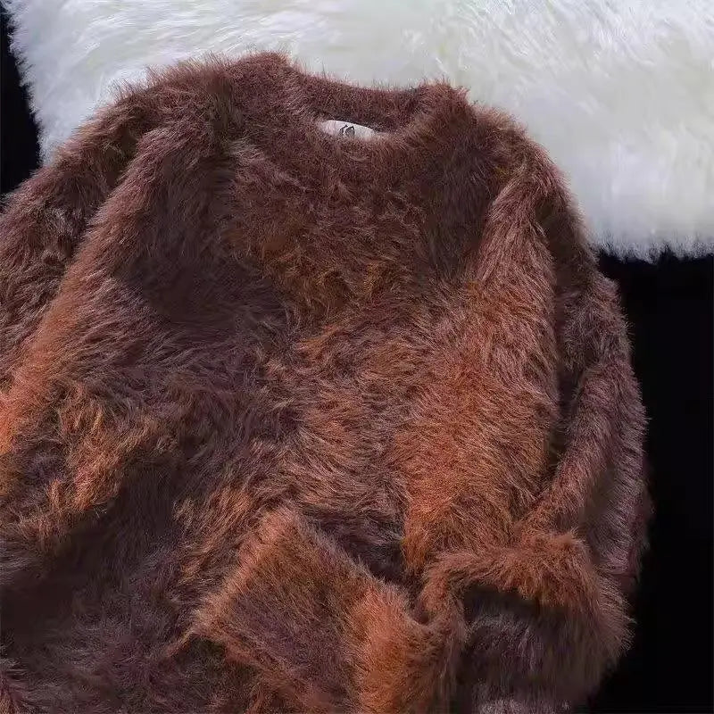 Winter Fur-like Soft Pure Color Sweater with High-end Feel, Long Sleeve, Round Neck, Knitwear, and Knitted Garment for Men and W
