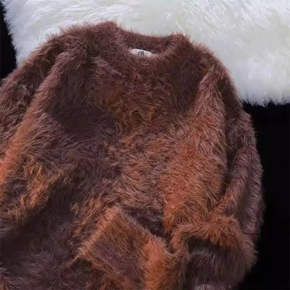 Winter Fur-like Soft Pure Color Sweater with High-end Feel, Long Sleeve, Round Neck, Knitwear, and Knitted Garment for Men and W
