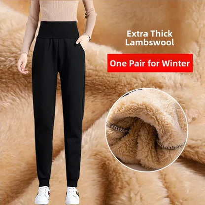 plus Size Fleece Lined Thickened Lamb Velvet Casual Slim Fit Pants Winter New Loose Warm Slimming Straight Leg Sweatpants