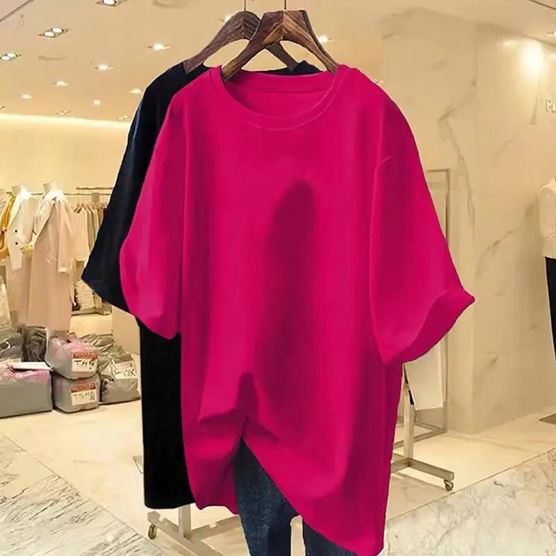 Women Clothing Fashion Cotton O-neck Short Sleeve T-shirt Summer Casual Loose Oversized Solid Top Tee Basic Pullover 45-105Kg