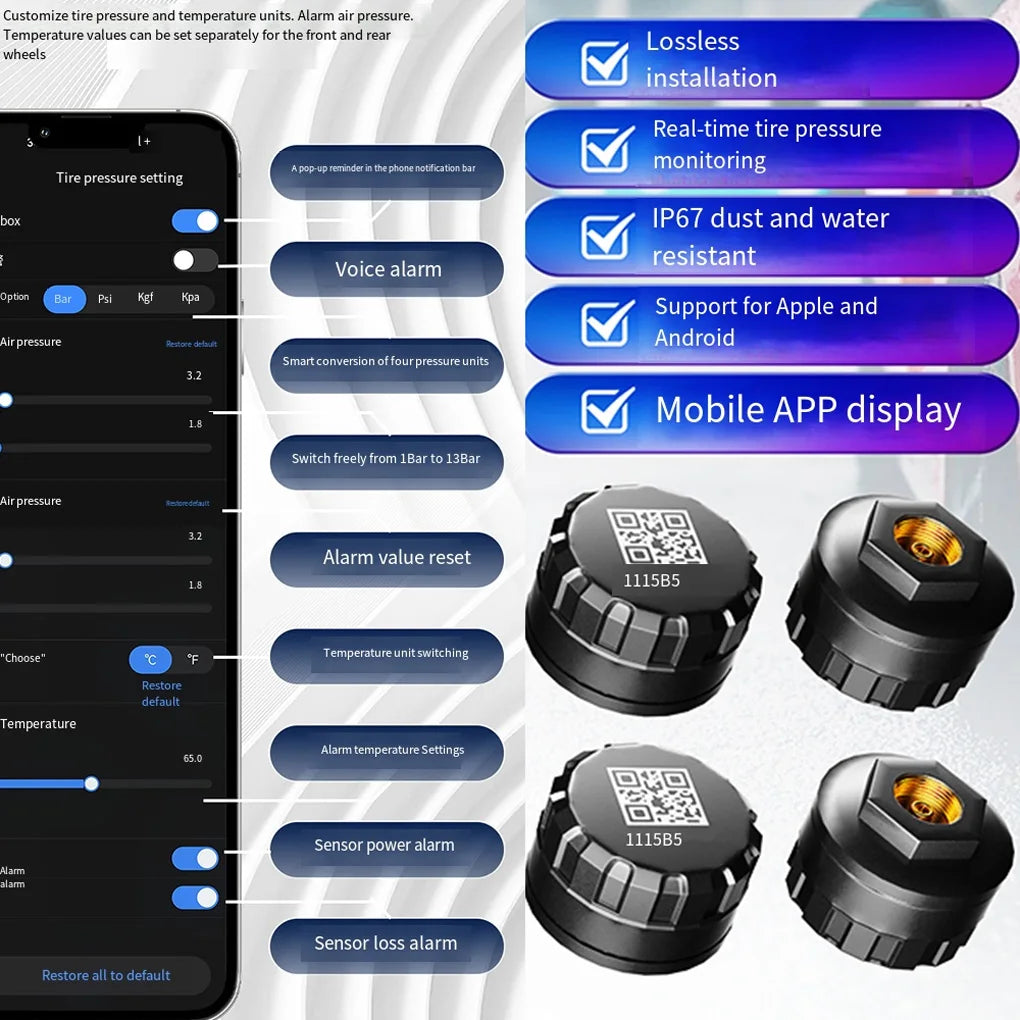 6PCS RV Truck Tire Pressure Monitoring System Bluetooth TPMS Mobile Phone APP Disp With 6 External Sensors For RV Truck External