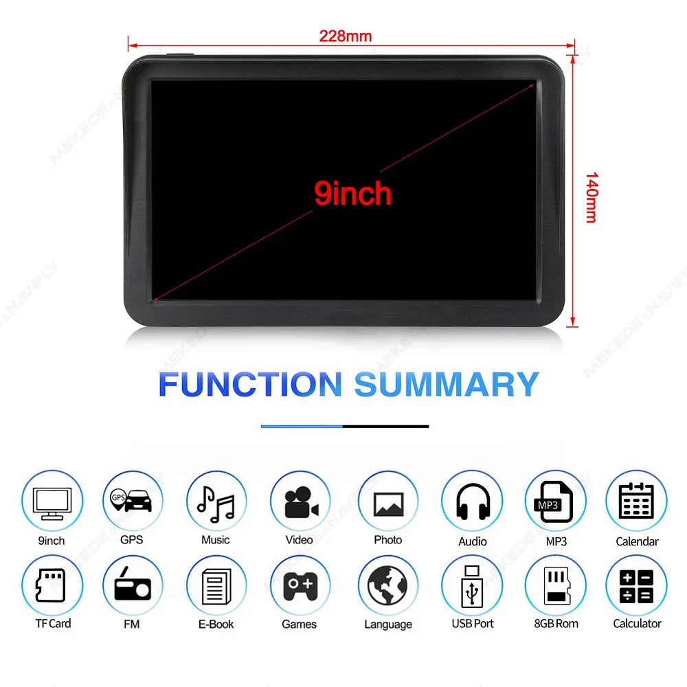 9 Inch Car GPS Navigation Touch Screen Truck Sunshade Sat Nav 256M+8G 2025 Europe Map Navigators FM Transmitter Hi-Fi Speakers