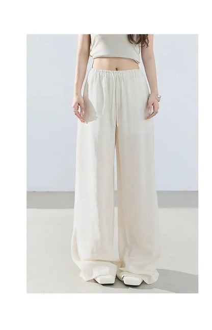 Loose wide-leg pants, classic style, drapey floor-length with drawstring, versatile thin linen straight casual pants for women
