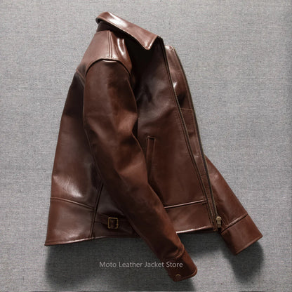 Men's Uncoated Oil Wax Thick First Layer Goatskin Leather Jacket, Short Tailcoat Genuine Leather Biker Coat for Autumn Winter