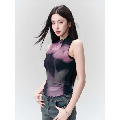 Yedinas Patchwork Tank Tops Summer 2024 Korean Fashion Mesh Tops Streetwear Sleeveless Tshirts Y2k Sheer Grunge Aesthetics
