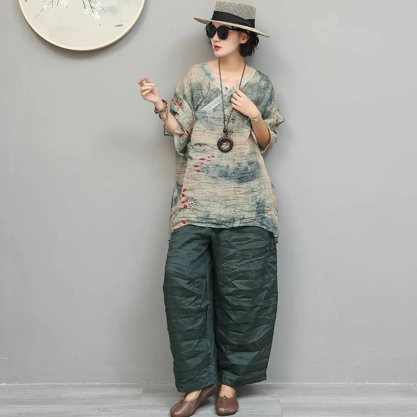 Artistic Ramie Suit Women Summer Printed Lightweight V-neck Mid-length Top + Loose Pants Two-piece Set XY307