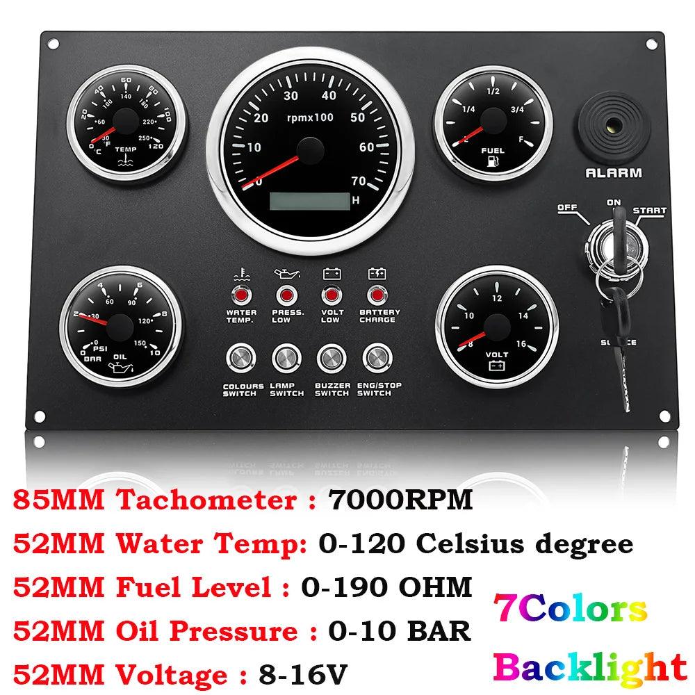 Boat Dashboard 5 Gauge Set Switch Panel 85mm Tachometer 3000rpm-8000rpm+52mm Voltmeter Oil Press Fuel Level Meter Customized