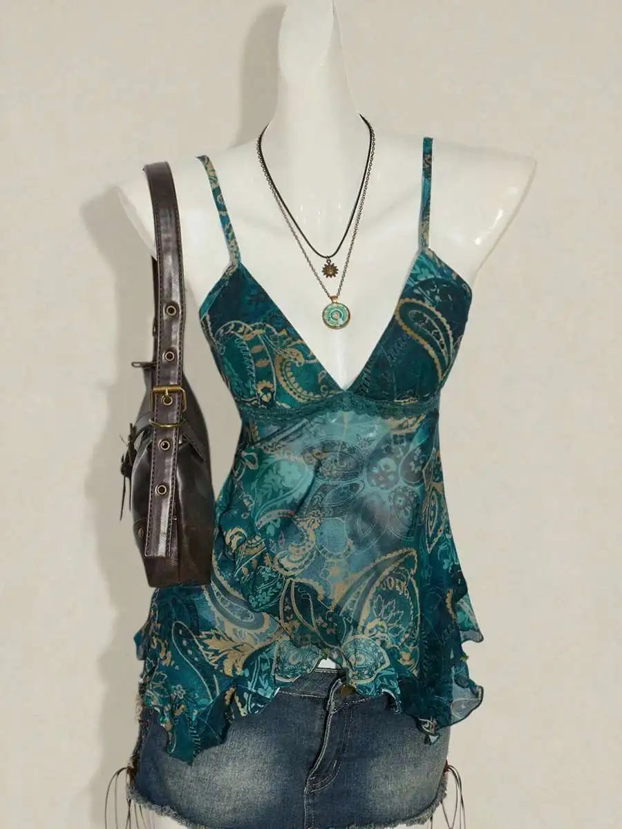 Fashionable Sexy Strap Vest Women's Slimming Print Mesh Top Versatile Stylish New Arrival Summer Season Other Material 100%