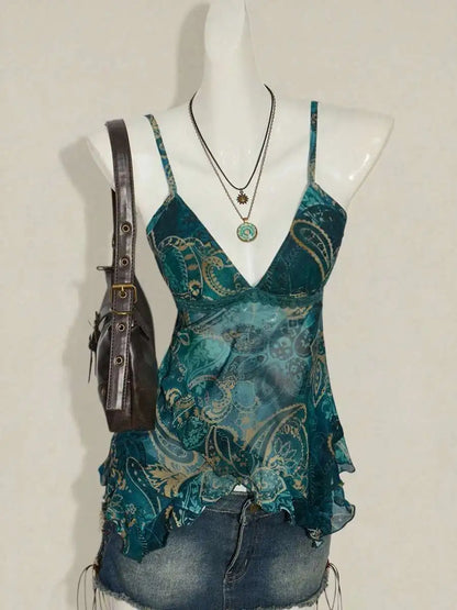 Fashionable Sexy Strap Vest Women's Slimming Print Mesh Top Versatile Stylish New Arrival Summer Season Other Material 100%