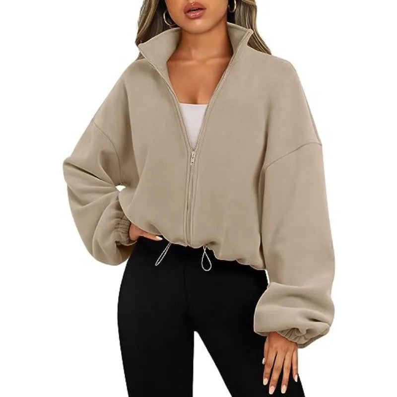 New Fashion Fall Winter Women's Short Zipper Hoodie Cropped Sweatshirt Drawstring Waist Puff Sleeve Pullover Y2k Clothing