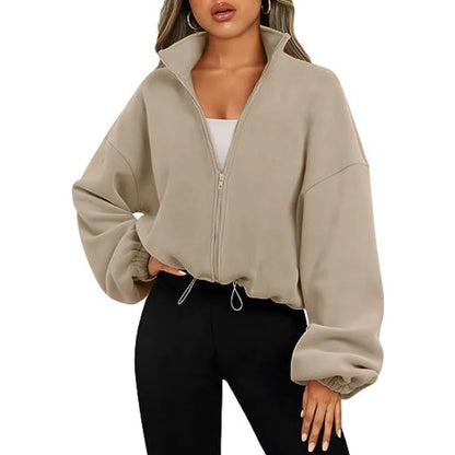 New Fashion Fall Winter Women's Short Zipper Hoodie Cropped Sweatshirt Drawstring Waist Puff Sleeve Pullover Y2k Clothing