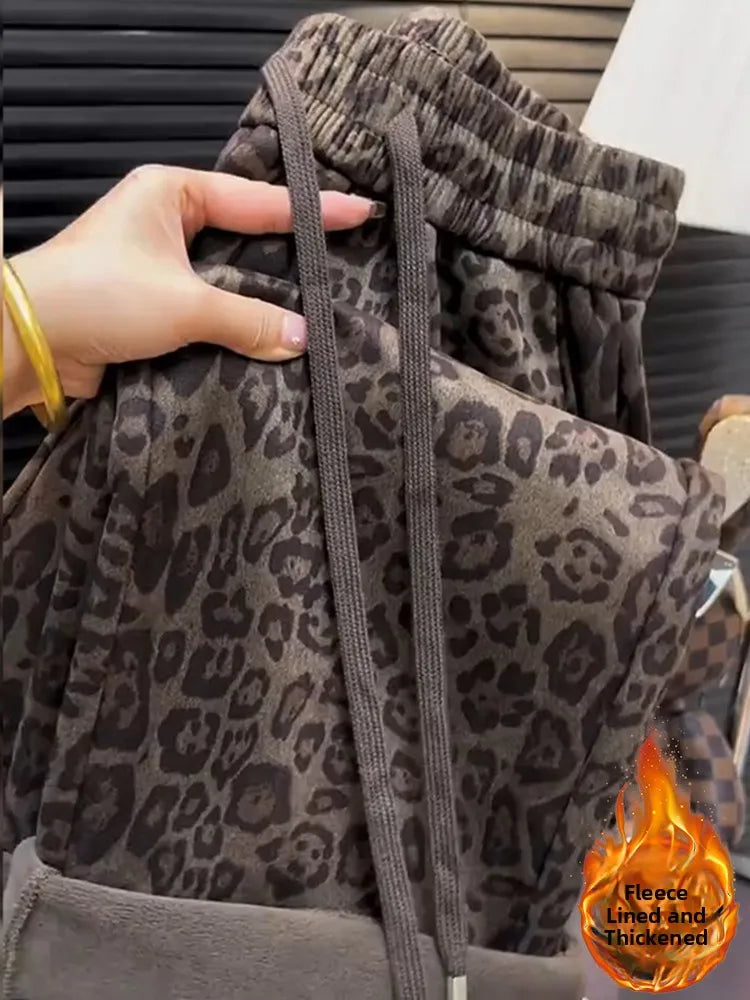 High Waist Thickened Fleece Lined Leopard Print Casual Pants Women Straight Leg Wide Leg Pants Trendy plus Size Korean Style