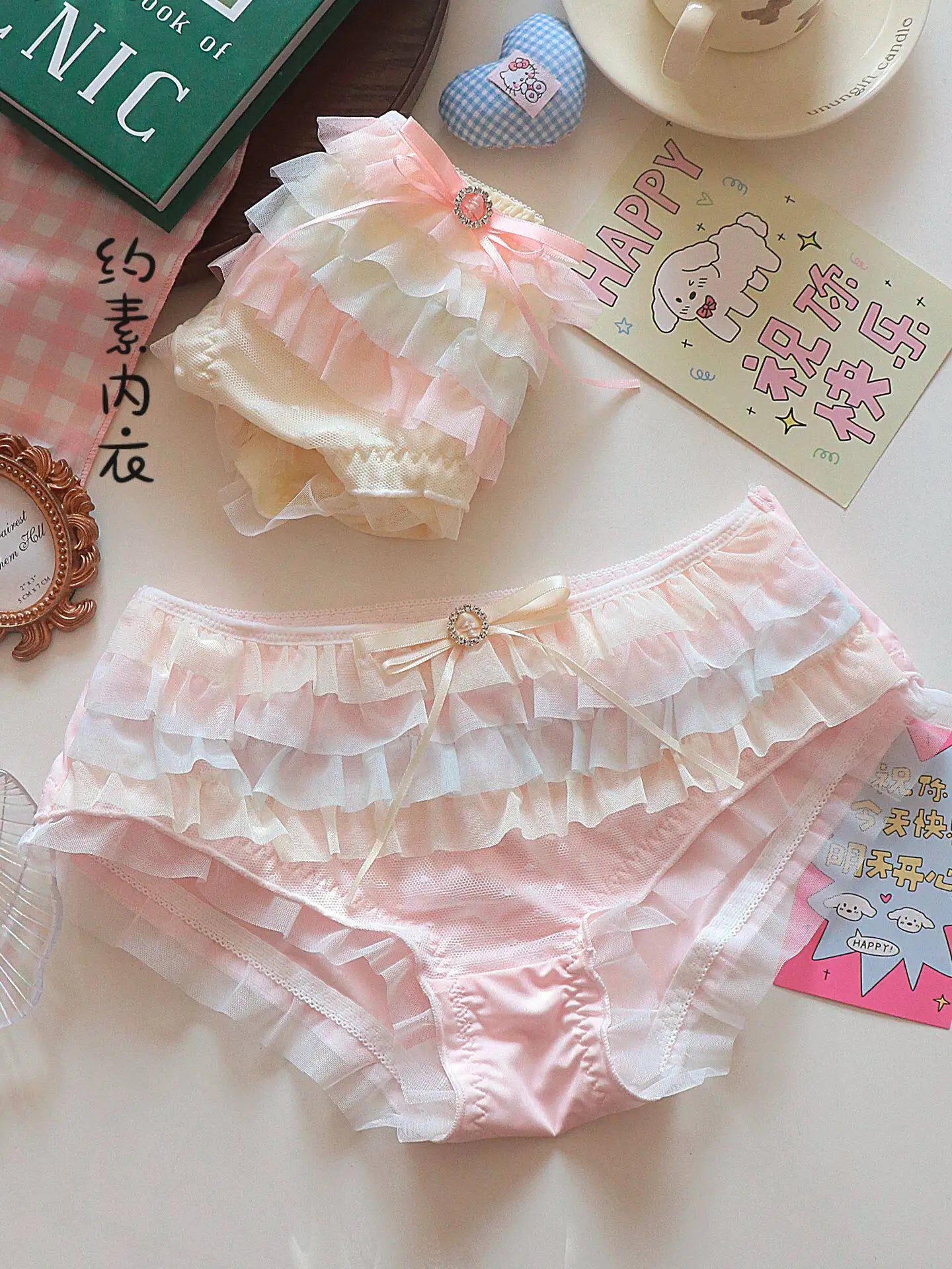 Japanese Lolita Princess Lingerie Women Pure Desire Cake Layer Lace Mesh Cotton Crotch Party Bra Panty Set Cute Comfortable Soft