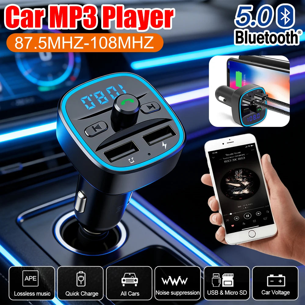 Portable Car Bluetooth 5.0 FM Transmitter Car MP3 Player Practical Multi-functional Dual USB Fast Charging Wireless Car Charger