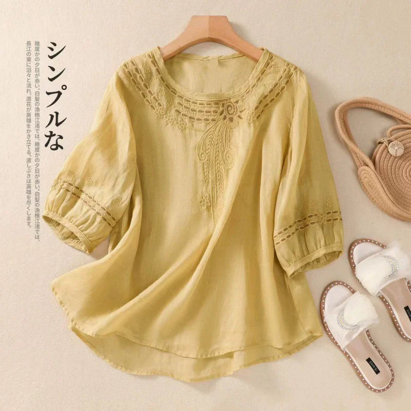 Fashion Thin Cotton Linen Y2k Tops Tee Women Clothing Summer Loose T Shirts Woman Embroidered T-shirt Blusa Casual Ladies tshirt