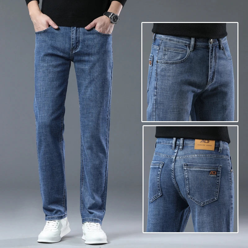 New Business Jeans Men's Casual Straight Stretch Classic Fashion Trousers Blue Smoke Gray Work Denim Pants Male Brand Clothes