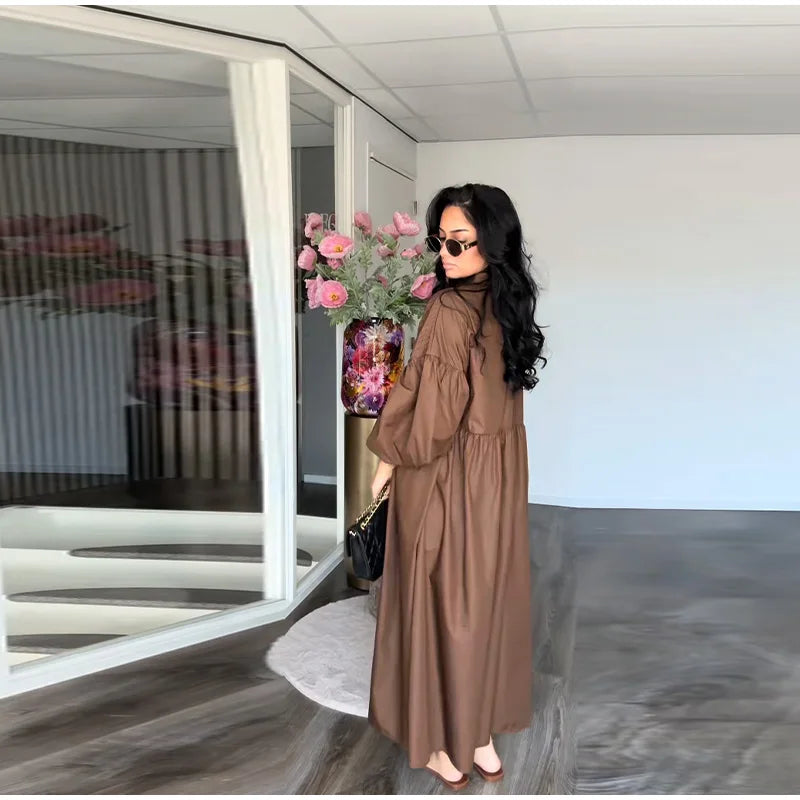 Casual Long Dress Women Solid Loose O Neck Single Breasted Full Lantern Sleeve High Waist Robe 2026 Spring Fashion Dresses Lady