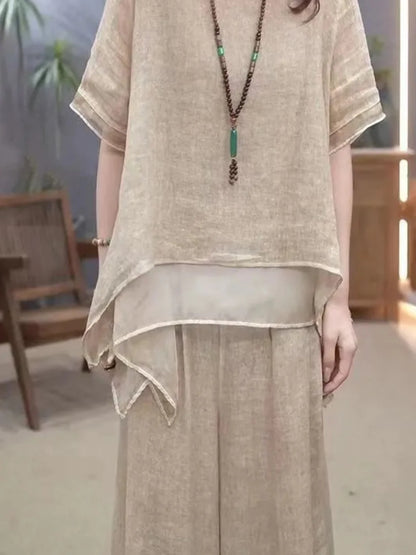 Retro Cotton Linen Set Women's Summer 2026 New Ethnic Style Loose Slimming Belly Covering Two-Piece Set Fashionable Casual Wear