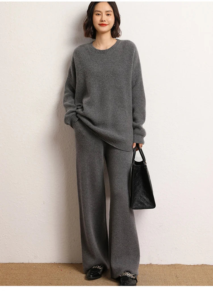 Women's 100% Cashmere Wide Leg Pants Knitted Thick Autumn/Winter Casual Solid Color Elastic Waistband Pockets