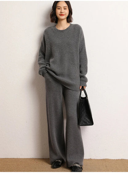 Women's 100% Cashmere Wide Leg Pants Knitted Thick Autumn/Winter Casual Solid Color Elastic Waistband Pockets