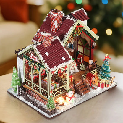 DIY Wooden Warm Christmas Lodge Casa Doll Houses Miniature Model Kits Dollhouse with Furniture LED Lights for Friends Gifts