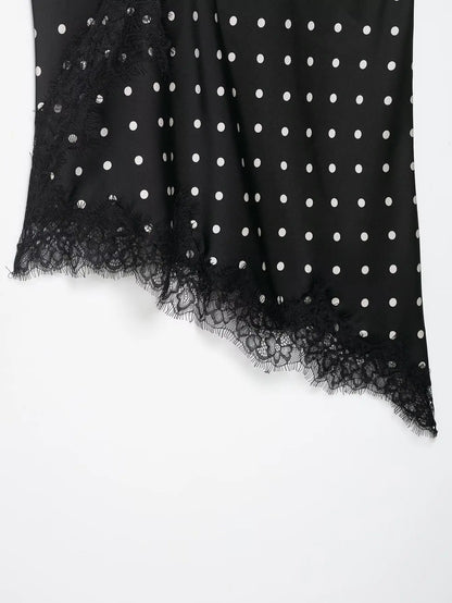 HH Women Elegant Polka Dot Lace Slip Tops Asymmetrical Hem Tanks Camis Summer Lady Sexy Lace Splicing Club Party Tops Camisole