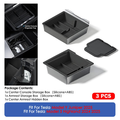 For Tesla Model Y Juniper 2025 & Model 3 Highland 2024 2025 ABS Center Console Organizer Tray Armrest Storage Box Accessories