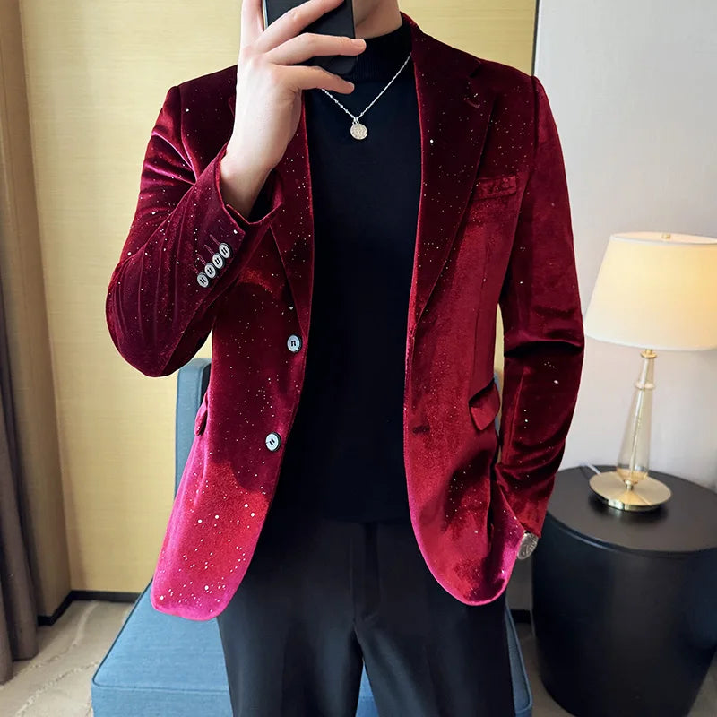 Luxury Velvet Bronzing Suit Jackets Men High Quality Slim Fit Business Elegant Blazer Coat Homme Formal Social Prom Tuxedo 4XL-M