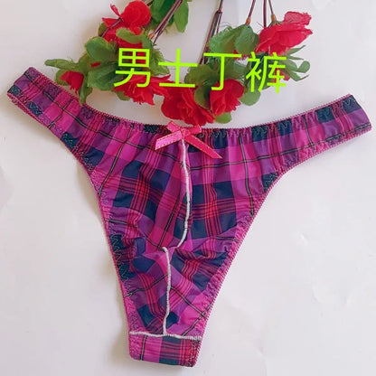 Plaid Thin Sexy Man's Thong Couple Bow Briefs Breathable Tanga T-Back Underwear