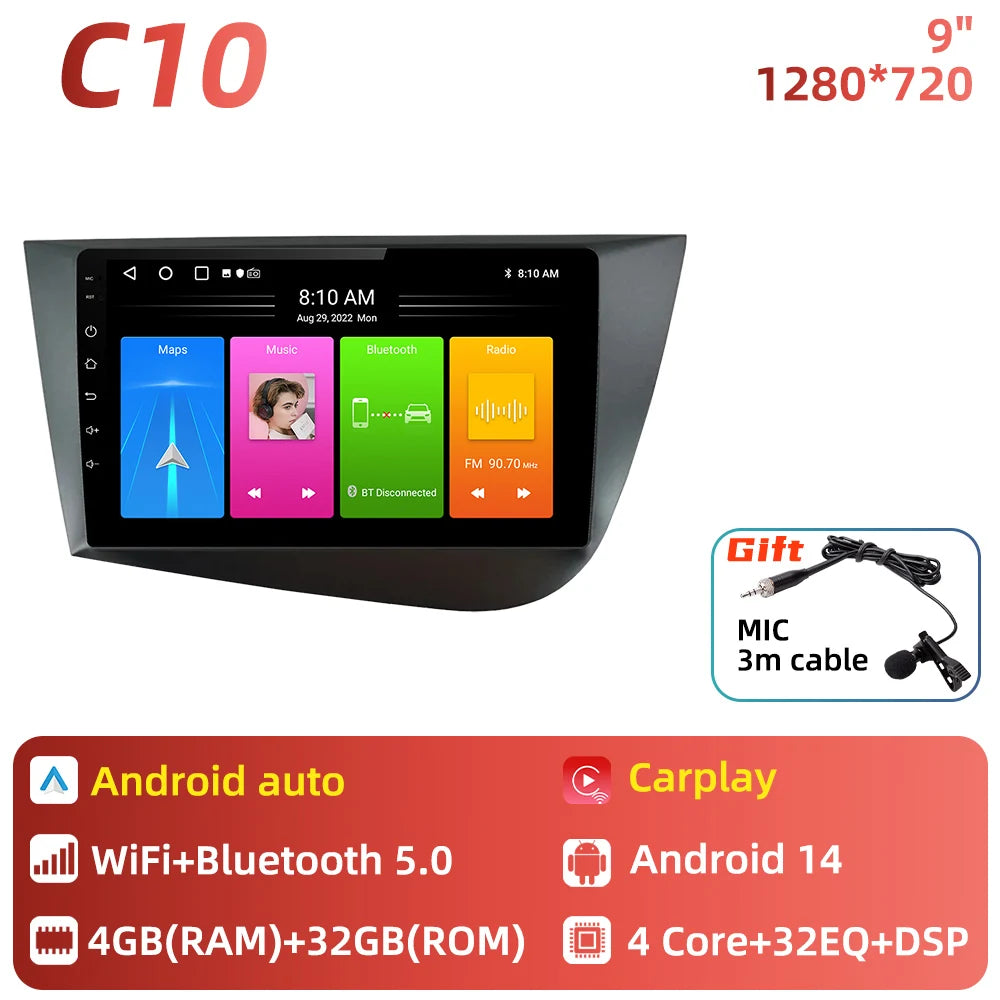 Carplay For Seat Leon 2 MK 2 2005 - 2012 Car Radio Car Multimedia Player Android Auto GPS Navigation Head Unit Stereo 2 Din 4G