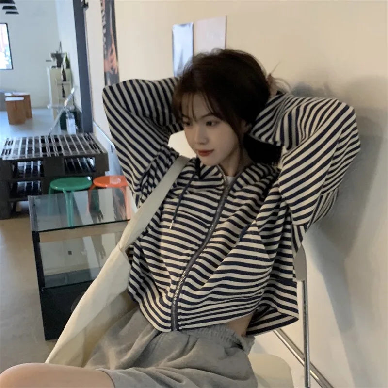 Trendy Striped Lazy Style Long Sleeve Sweatshirt Coat Autumn New Loose Mid-Length Open Cardigan Top Women's Fashion Outerwear