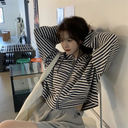 Trendy Striped Lazy Style Long Sleeve Sweatshirt Coat Autumn New Loose Mid-Length Open Cardigan Top Women's Fashion Outerwear