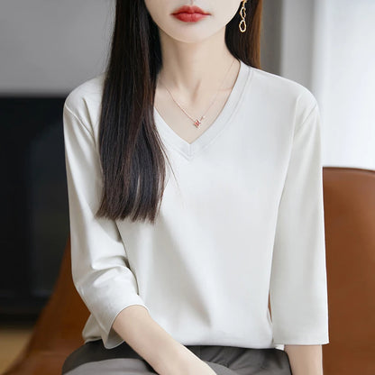 Spring And Summer New White Mercerized Cotton Cropped Sleeve T-shirt Feminine Joker 100% Cotton Bottoming Shirt Half Sleeve