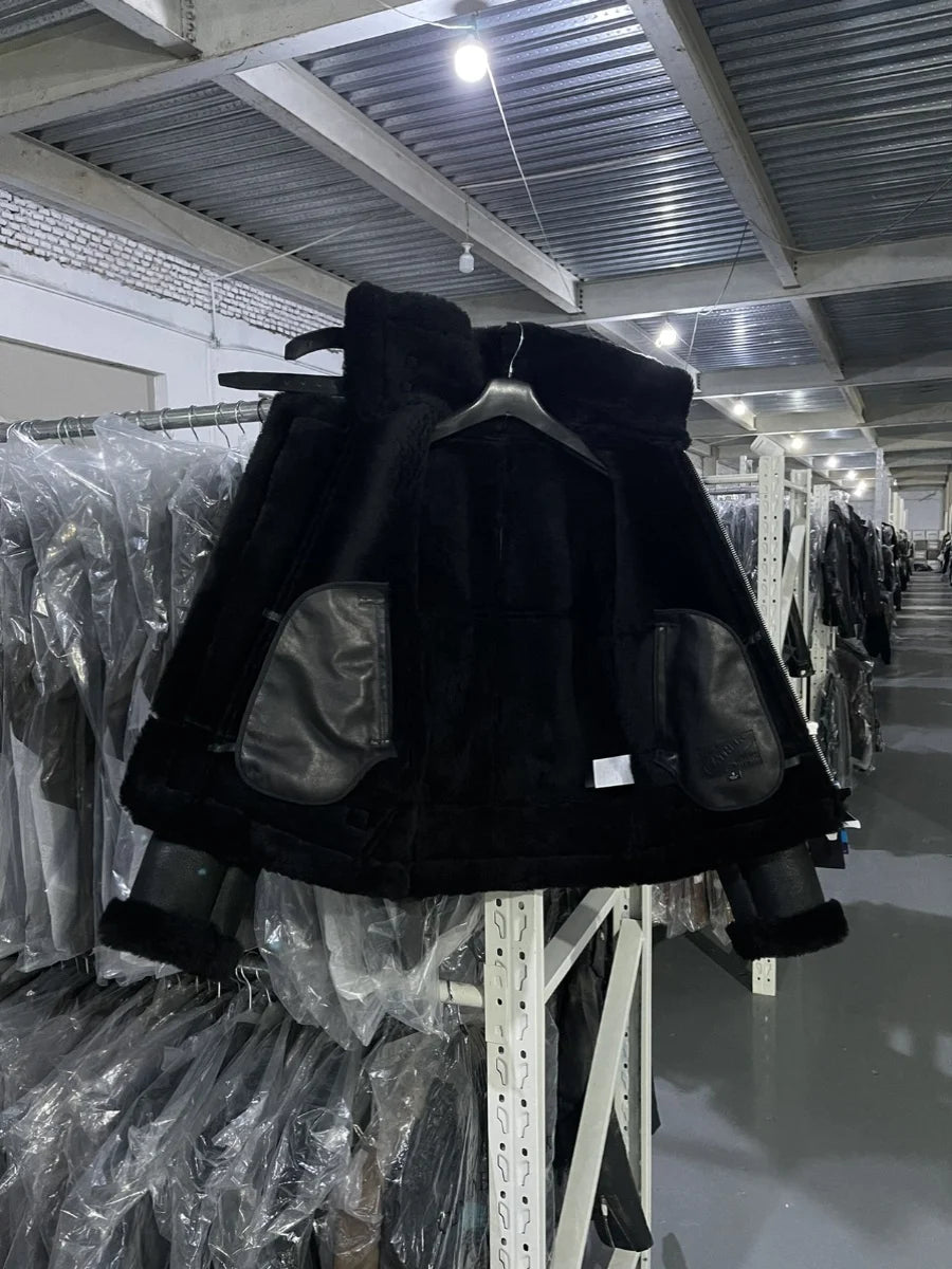 YOLANFAIRY Cracked Natural Fur Coat Men's Sheepskin and Wool Integrated Warm Genuine Leather Jacket Men Winter Coats and Jackets