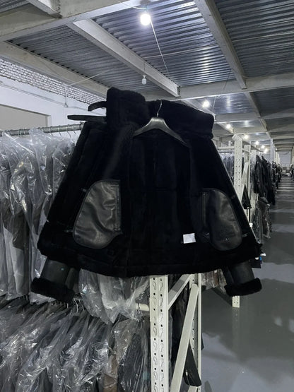 YOLANFAIRY Cracked Natural Fur Coat Men's Sheepskin and Wool Integrated Warm Genuine Leather Jacket Men Winter Coats and Jackets