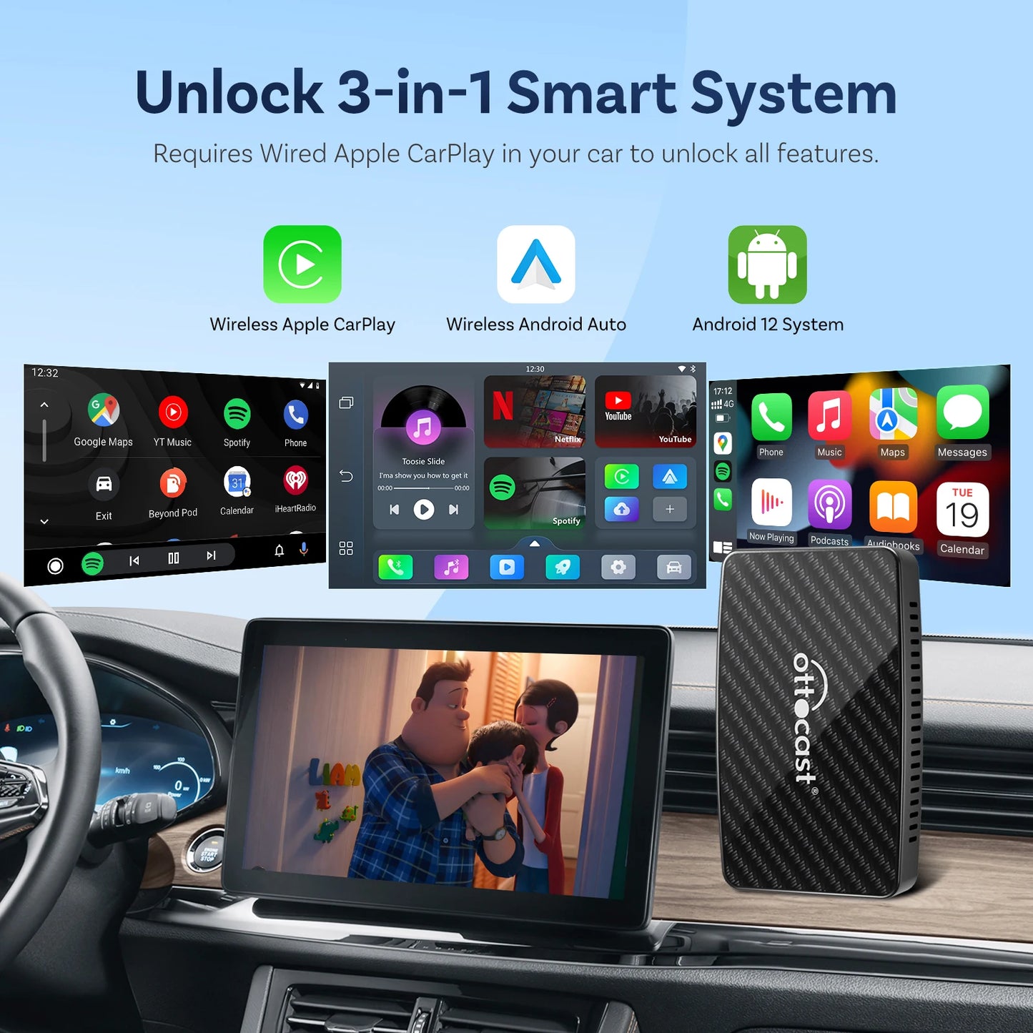 Ottocast Play2video Pro AI Box Wireless Carplay Android Auto Adapter Netflix Dongle Video Playback 1080p Screen Mirror for Cars