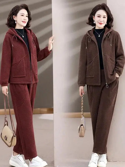 Winter Thickened Large Size Mid-aged Casual Two-piece Set Fleece-lined Comfortable Commute Style High Waist Long Pants