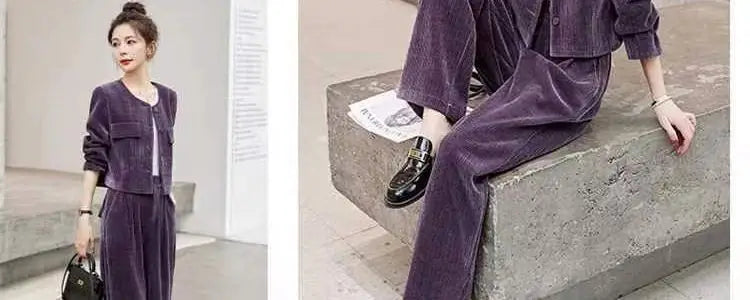 Fashionable Corduroy Set Women's Autumn Winter New Style Elegant Lady Fragrance Wind Coat Wide Leg Pants Two Piece Suit