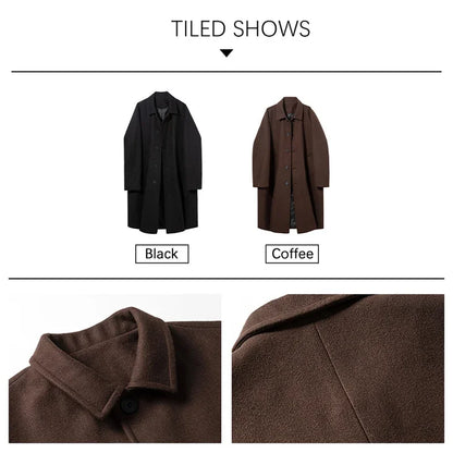 TFETTERS Brand Long Coat Man 2026 New Autumn Winter Turn Down Collar Solid Color Woollen Overcoat Mens Korean Fashion Streetwear