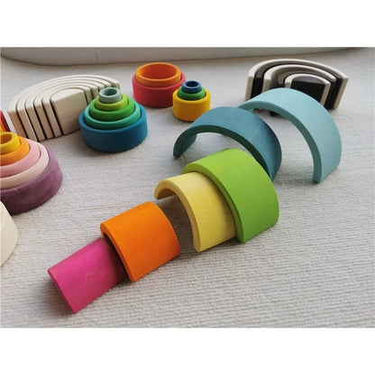Kids Wooden Toys Rainbow Nesting Bowls BasSwood 6 Layer Arch Stacker Blocks Trees