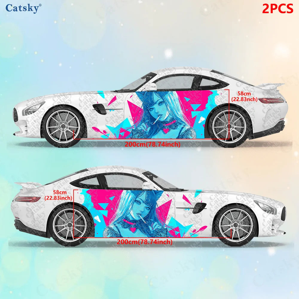2pcs Neon Color Cat Girl Stickers, Suitable for Cars and Trucks, Durable, Fade-resistant, Install and Remove Car Vinyl Wrap