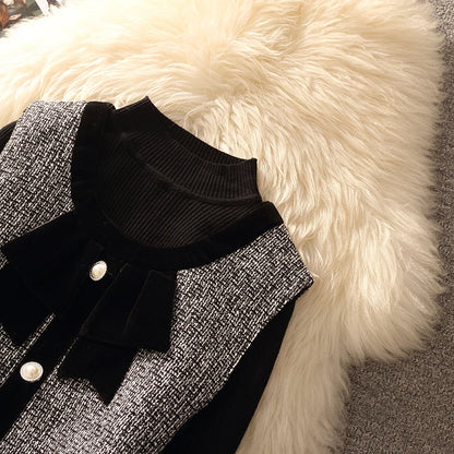 Spring Autumn Winter Tweed Color Block Vest Skirt Set  Knot Elegant Fashionable Two Piece Set Women's Luxury Style