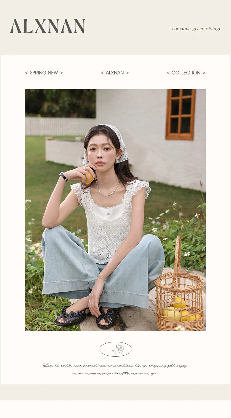 ALXNAN White Tank Tops 2026 Summer Elegant Cotton Women's Camisole Lace Fake Two-piece Design Chic Sleeveless Tops Ladies L53815