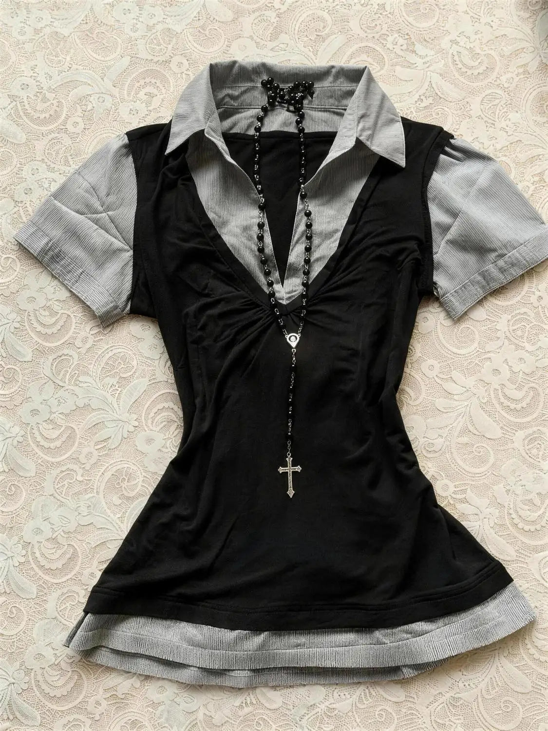 Summer Women's T-shirts And Polos Sexy Gothic Short-sleeved Streetwear 90s Vintage Y2k Clothes False 2-Piece Tee Crop Top Tshirt