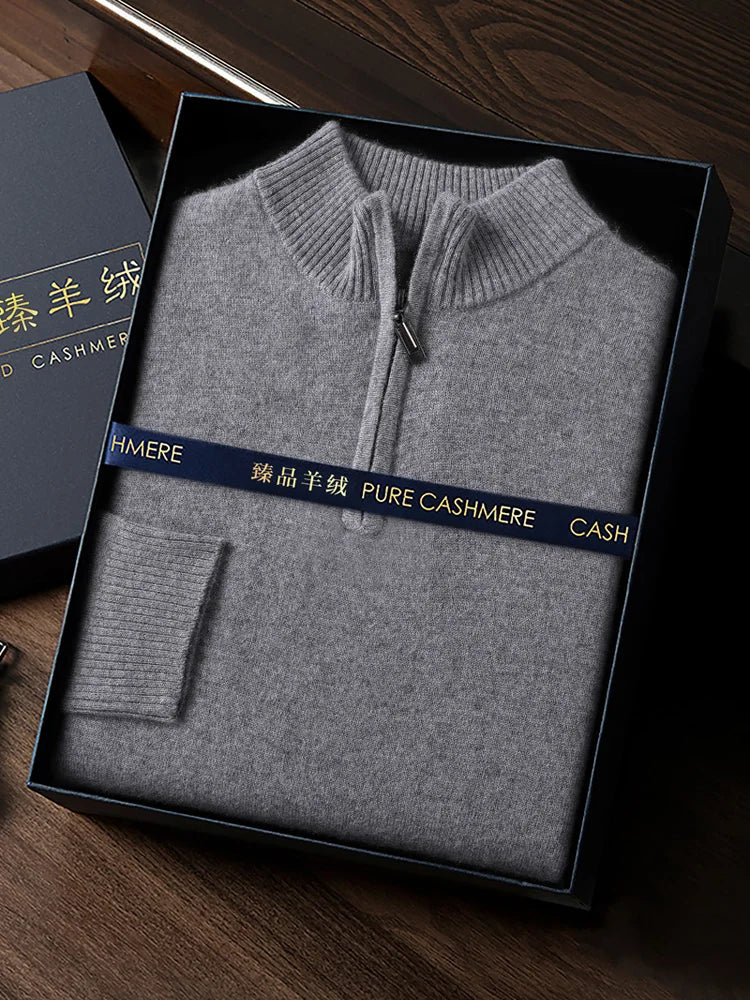 CHICUU Men's 100% Cashmere Sweater Zipper Pullover Mock Neck Long Sleeve Basic Cashmere Knitwear Autumn Winter Clothing Tops