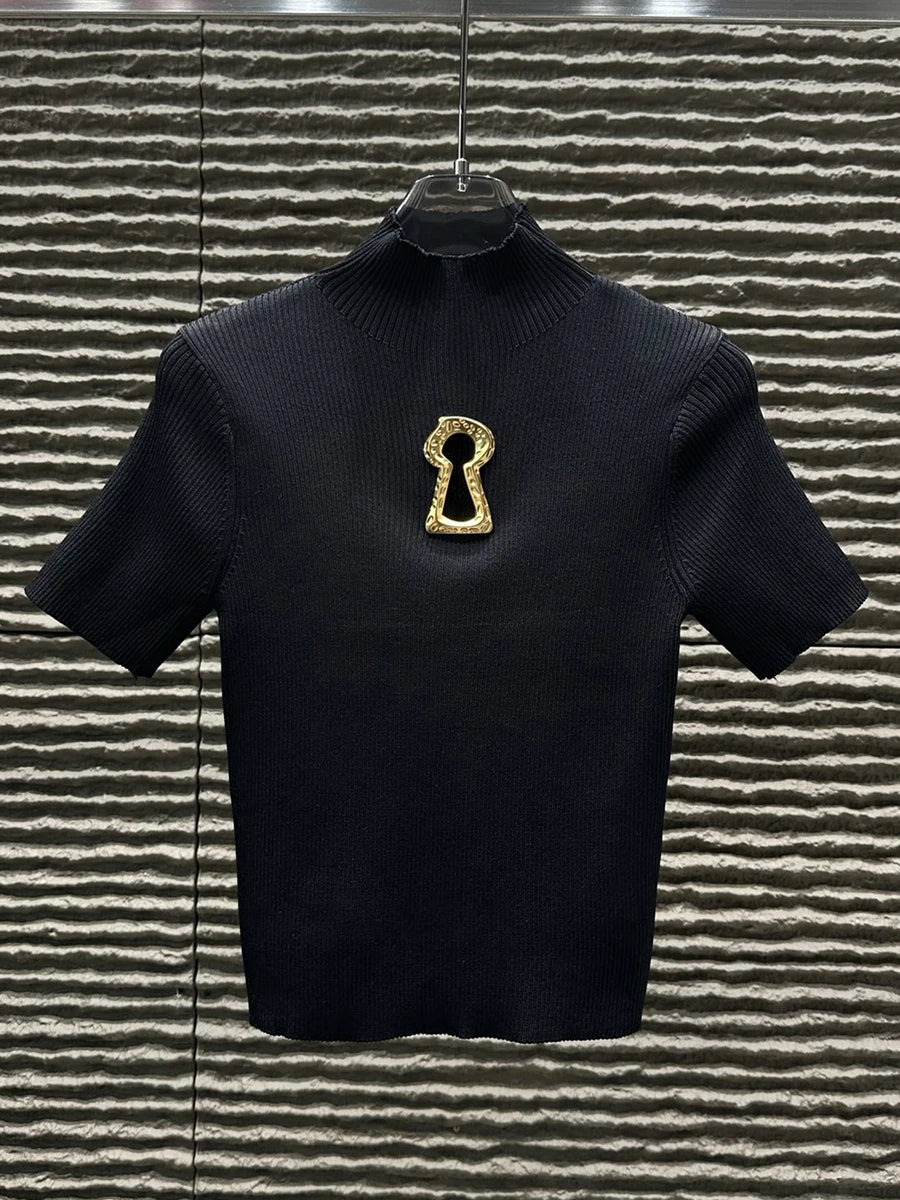 TWOTWINSTYLE Hollow Out Spliced Metal Buckle T Shirts For Women Turtleneck Short Sleeve Minimalist Slimming T Shirt Female 2025