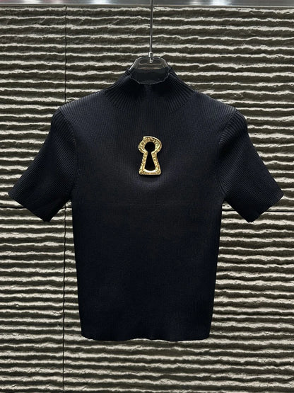 TWOTWINSTYLE Hollow Out Spliced Metal Buckle T Shirts For Women Turtleneck Short Sleeve Minimalist Slimming T Shirt Female 2025