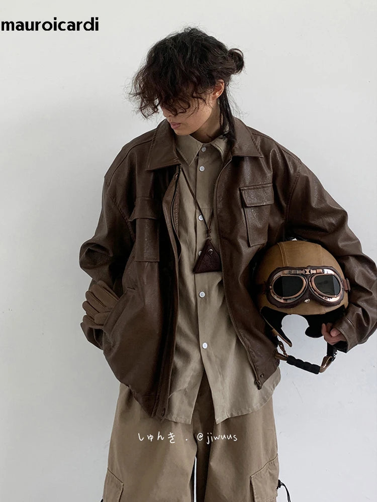 Mauroicardi Autumn Winter Vintage Oversized Cool Brown Black Soft Pu Leather Jacket Men Pockets Loose Casual Unisex Clothes 2023